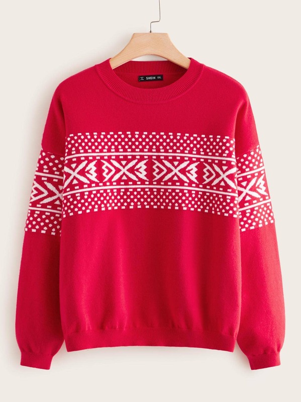 

Plus Drop Shoulder Fair Isle Sweater, Red