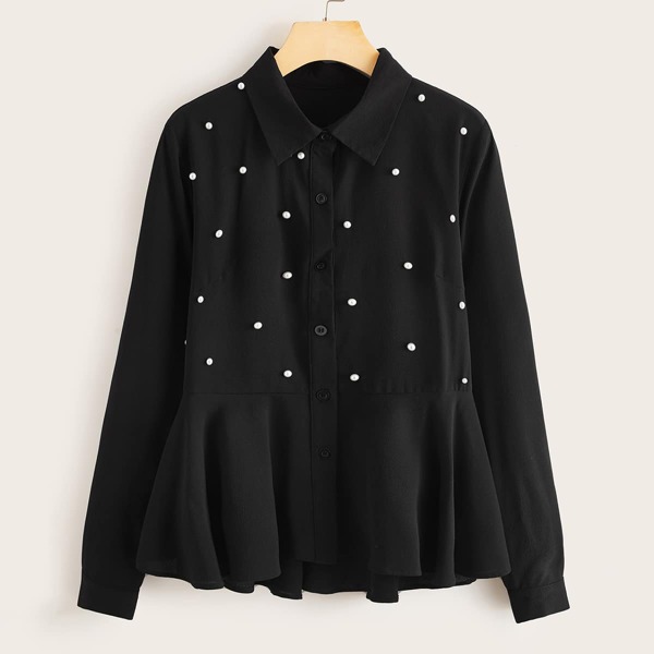 

Pearls Detail Button Up Peplum Top, Black