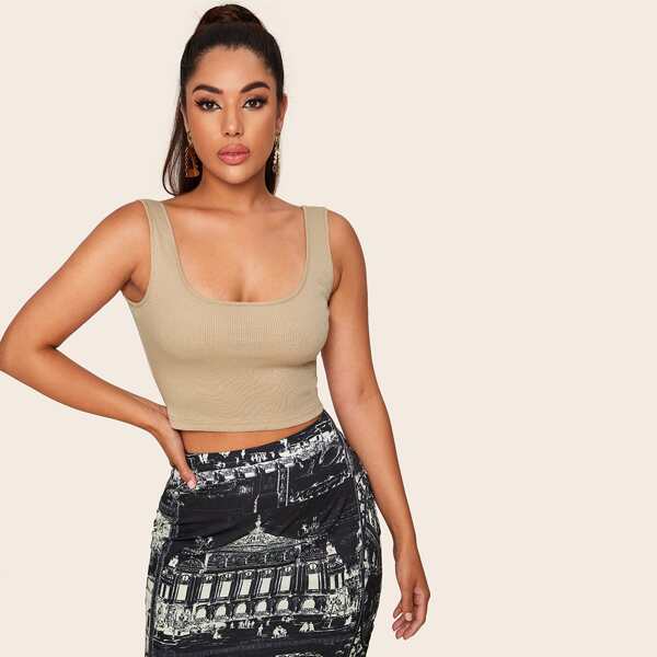 

Solid Rib-knit Slim Tank Top, Khaki pastel