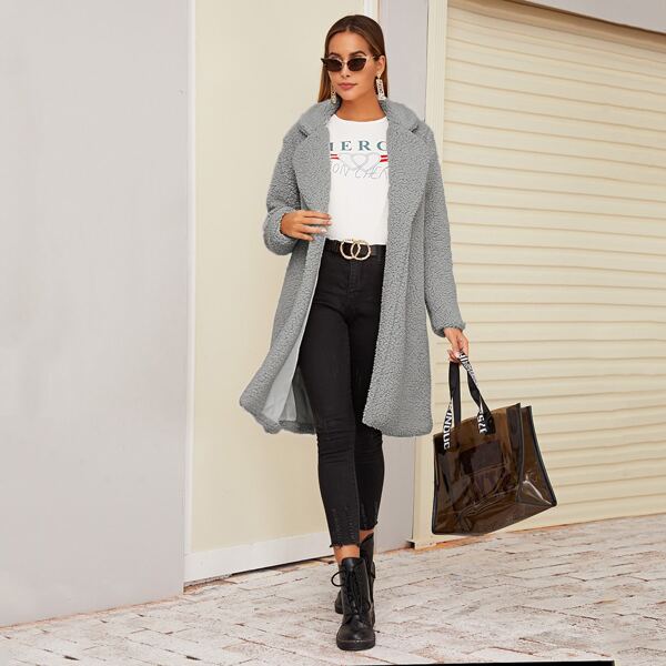 

Lapel Collar Open Front Longline Teddy Coat, Grey