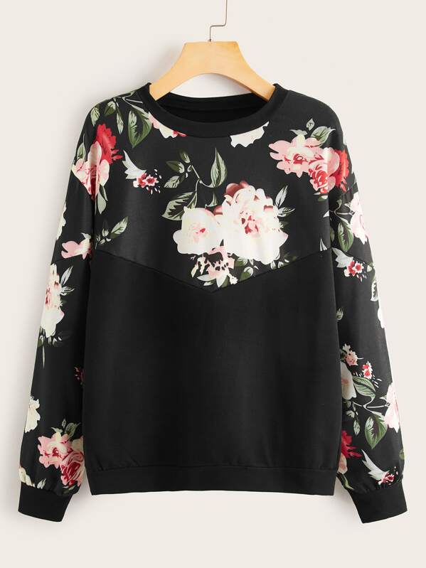 Floral Print Contrast Panel Sweatshirt, Black