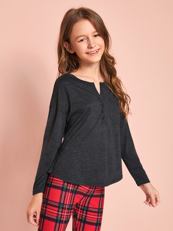 

Girls Buttoned Half Placket Pocket Front Top, Grey, Sashab