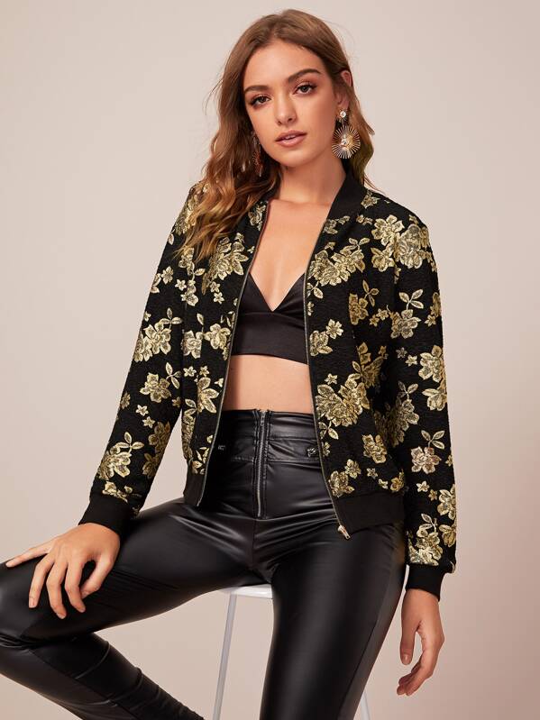 

Zip Up Gold Print Bomber Jacket, Multicolor, Luiza