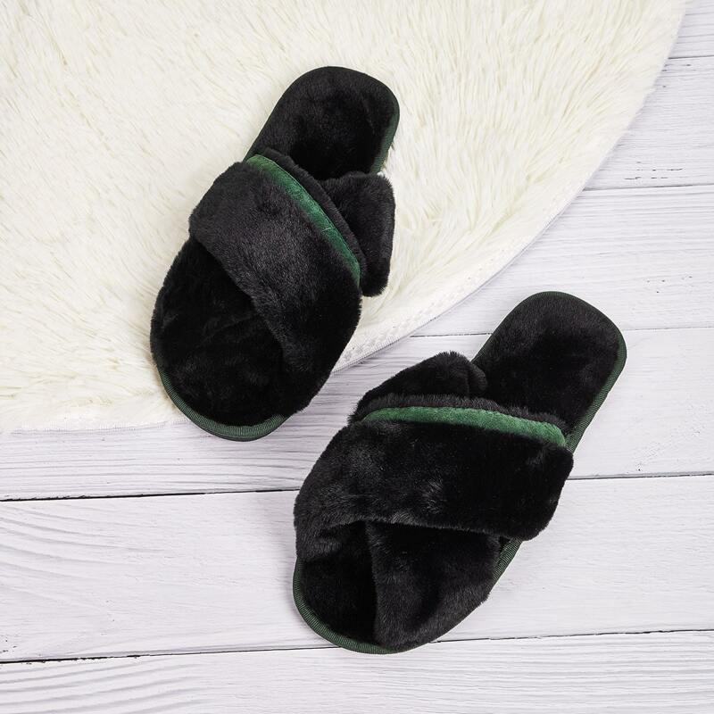 

Cross Strap Fluffy Slippers, Black