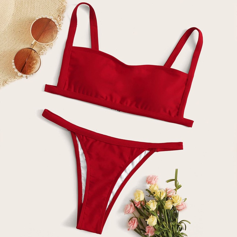 

Solid Spaghetti Strap Thong Bikini Set, Red