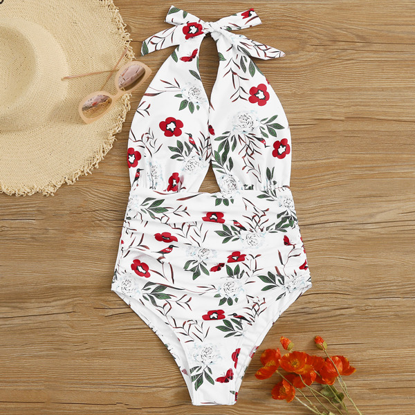 

Floral Print Ruched One Piece Swimwear, White