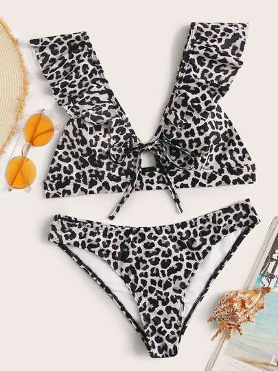 Leopard Ruffle Trim Bikini Set