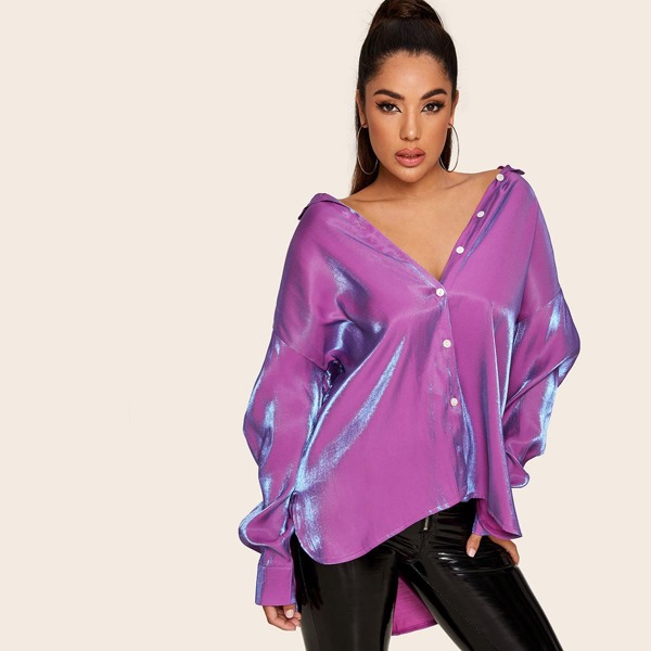 

Button Front Drop Shoulder Metallic Blouse, Purple bright