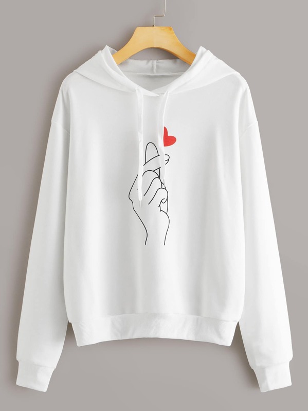 

Gesture & Heart Print Drawstring Hoodie, White