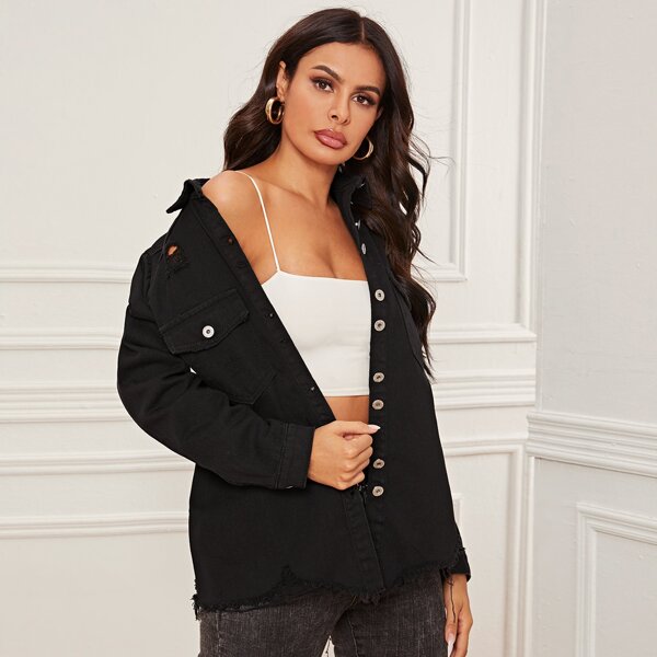 

Ripped Raw Hem Denim Top, Black