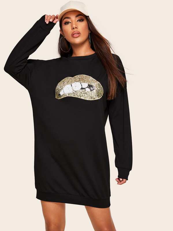 

Contrast Sequin Lip Sweatshirt Dress, Black, Lucia