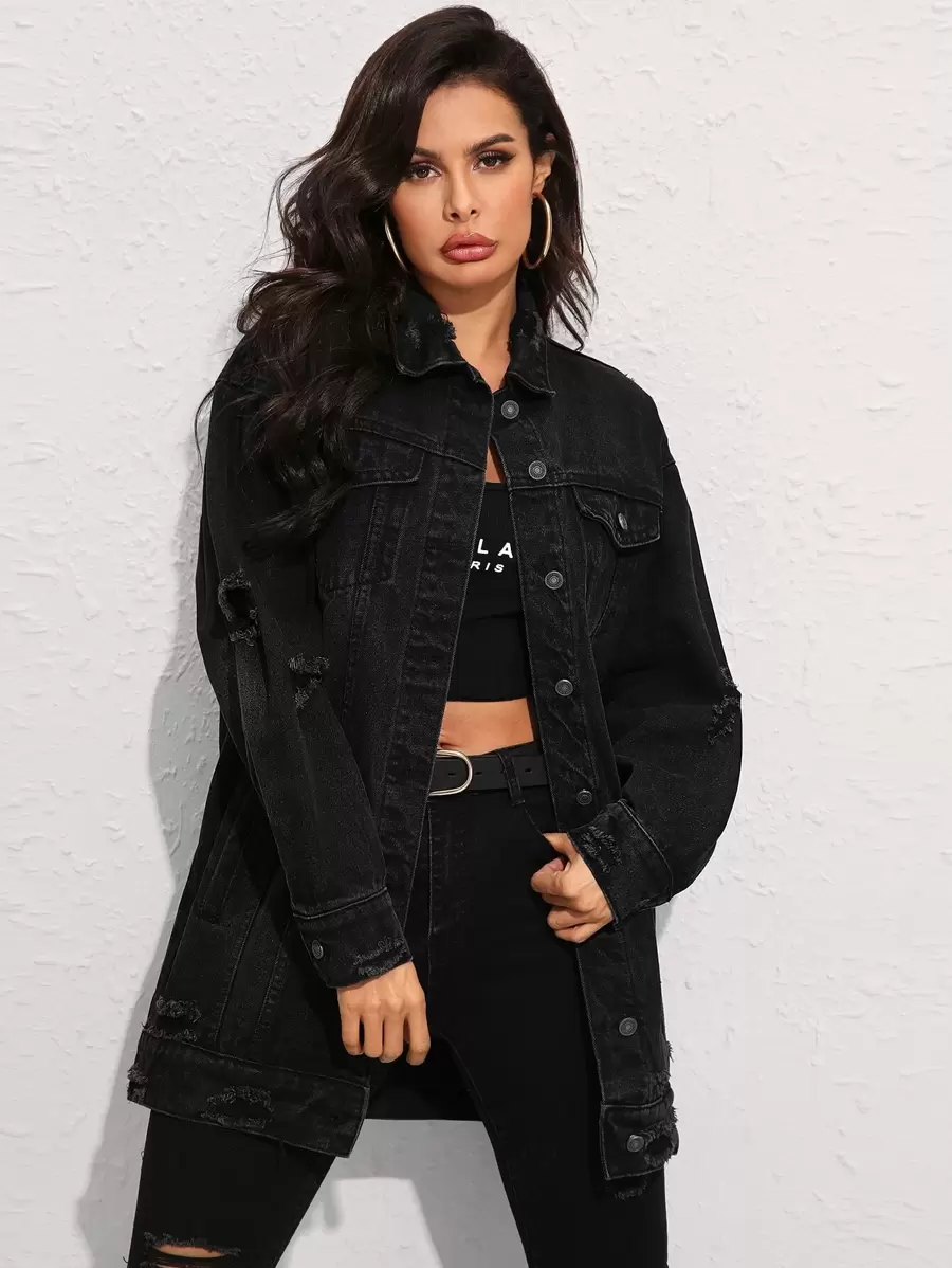SHEIN Essnce Ripped Longline Denim Trucker Jacket - Black - View 1