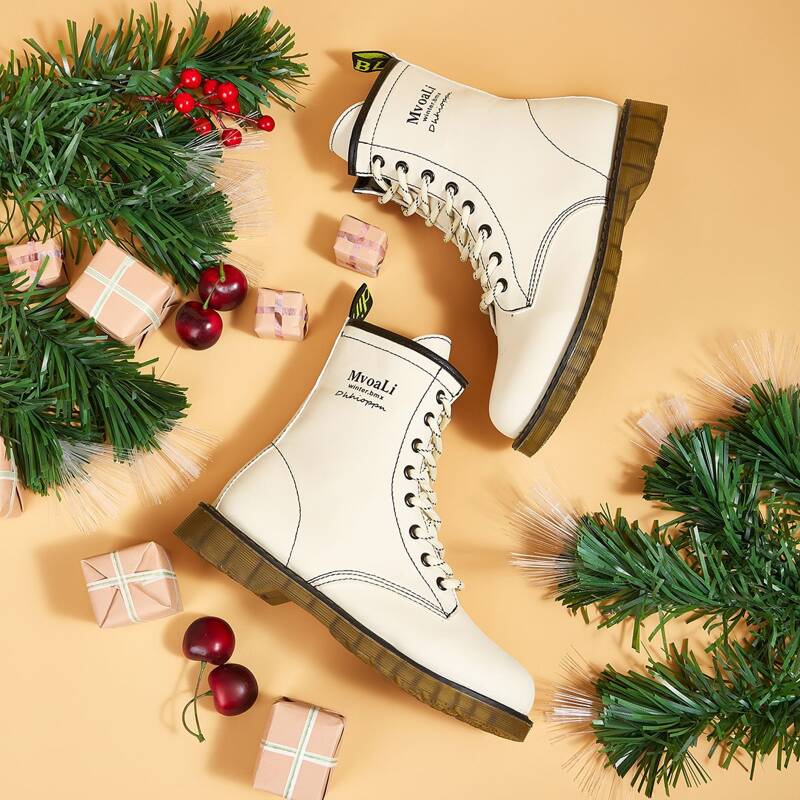 

Letter Graphic Lace-up Combat Boots, Apricot