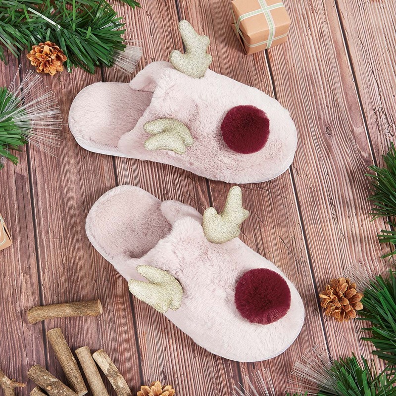 

Pom Pom & Antlers Fluffy Slippers, Pink
