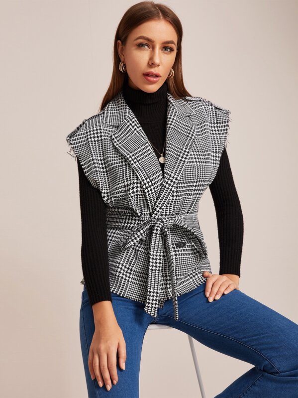 

Houndstooth Self Tie Tweed Vest Coat, Black and white, Hanna