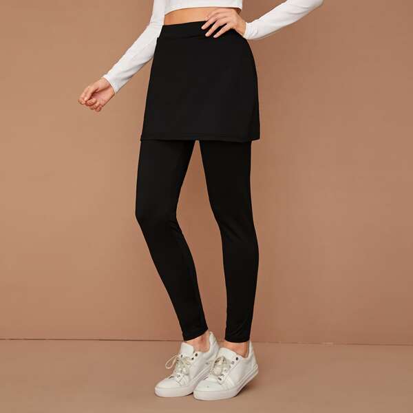 

Solid Elastic Waist Skirted Leggings, Black