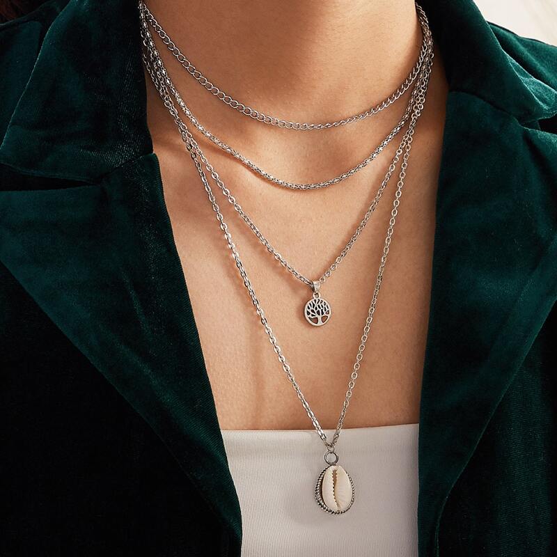 

1pc Shell & Coin Charm Layered Necklace, Silver