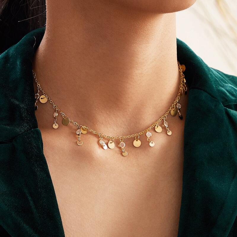 

1pc Rhinestone Decor Necklace, Gold