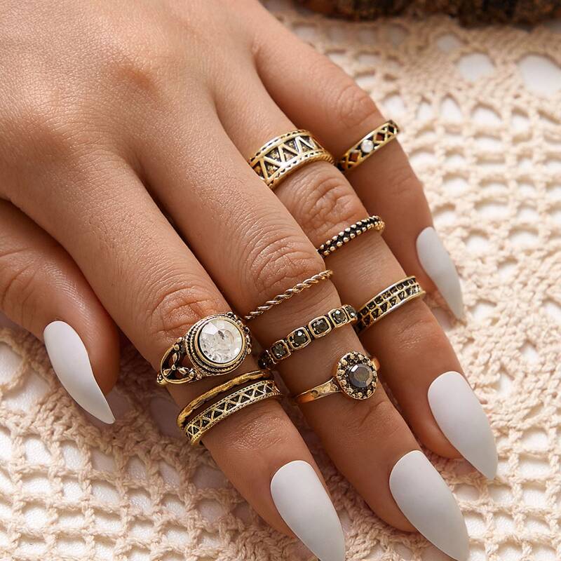 

10pcs Rhinestone Decor Textured Ring, Bronze