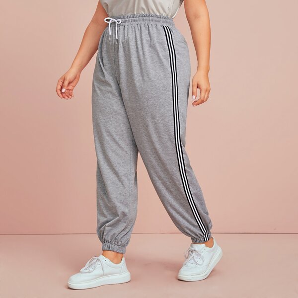 

Plus Striped Side Drawstring Waist Sweatpants, Grey