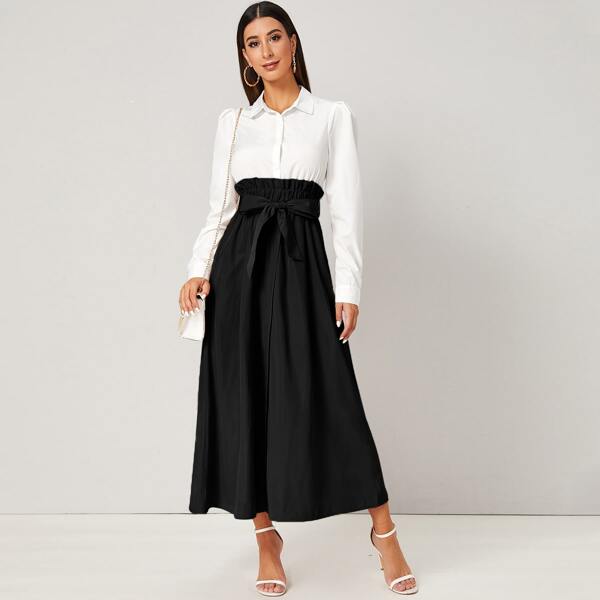 

Self Tie Paperbag Waist Combo Dress, Black and white