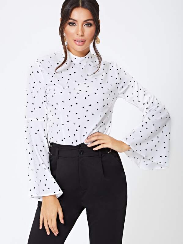 

Bell Sleeve Heart Print Blouse, Black and white, Amira S