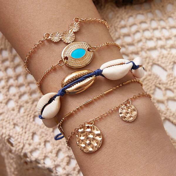 

5pcs Shell & Coin Decor Bracelet, Multicolor