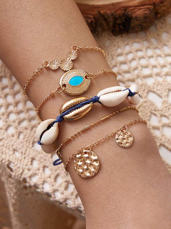 

5pcs Shell & Coin Decor Bracelet, Multicolor