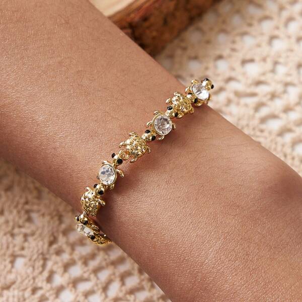 

1pc Rhinestone Engraved Tortoise Shaped Bracelet, Gold