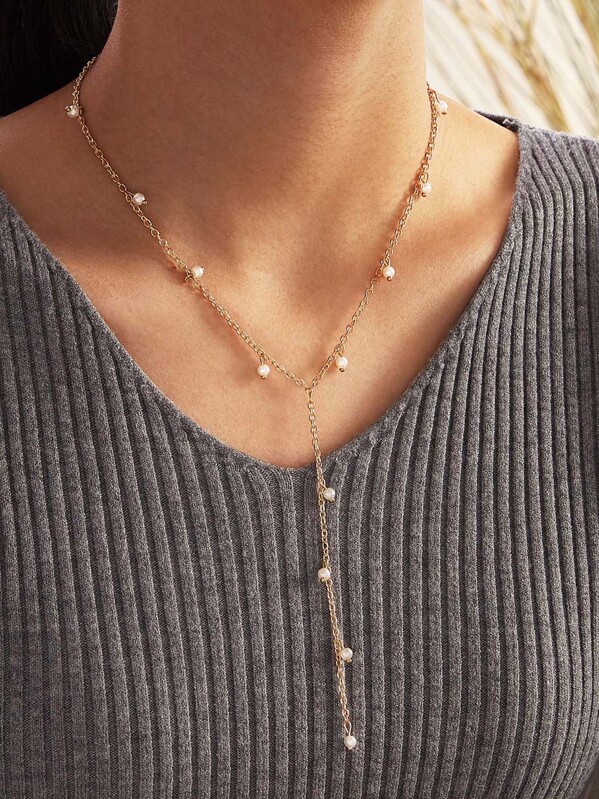 

1pc Faux Pearl Charm Necklace, Gold