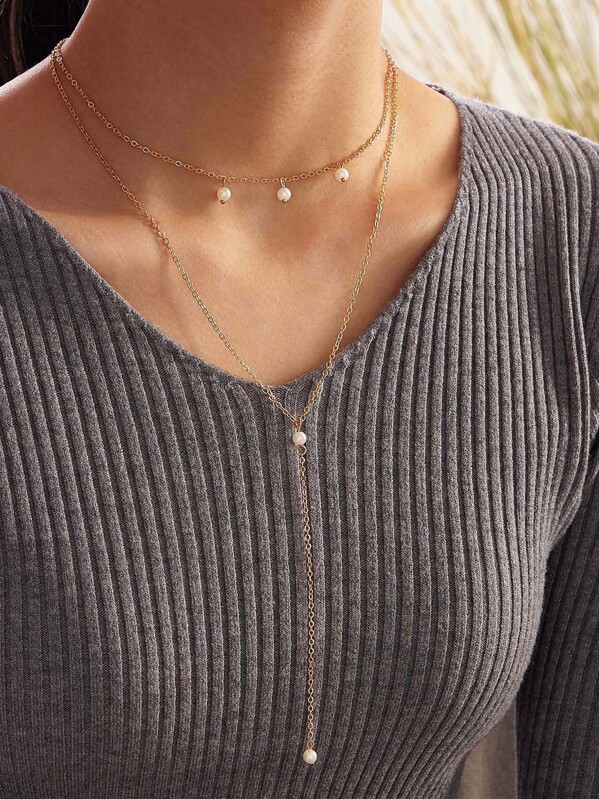 

1pc Faux Pearl Charm Layered Necklace, Gold