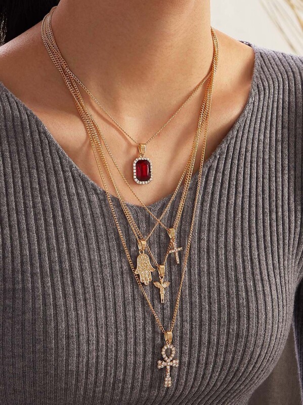 

1pc Rhinestone Engraved Cross Charm Layered Necklace, Multicolor
