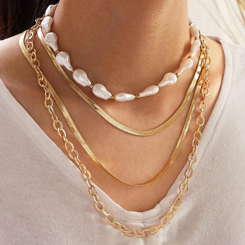 

3pcs Pearl Decor Layered Chain Necklace, Gold