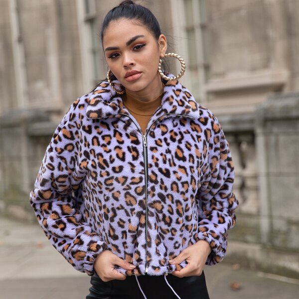 

Drop Shoulder Drawstring Hem Leopard Faux Fur Jacket, Multicolor