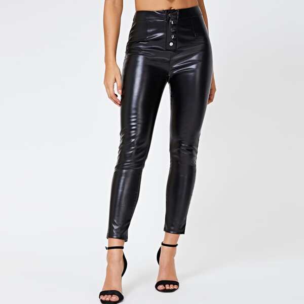 

Button PU Pants, Black