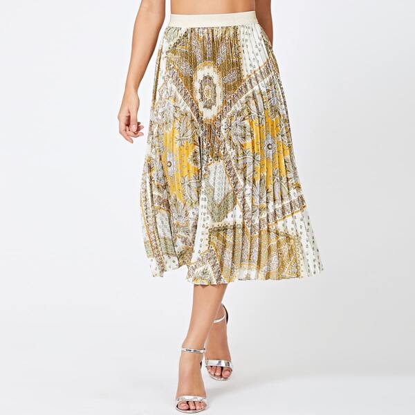 

Scarf Print Pleated Skirt, Multicolor