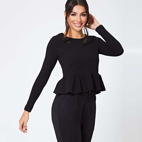 

Long Sleeve Solid Peplum Top, Black