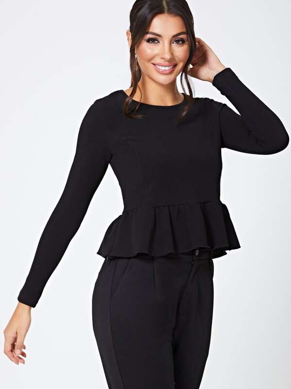 

Long Sleeve Solid Peplum Top, Black, Amira S