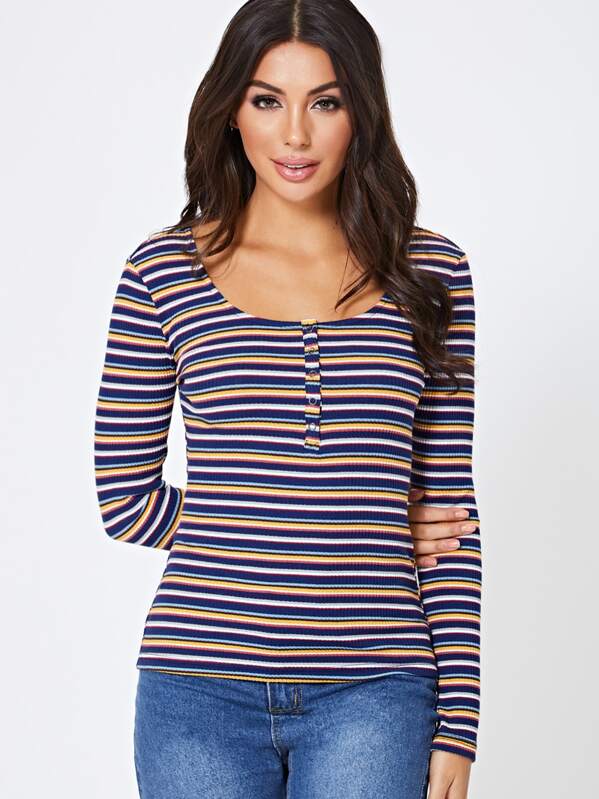 

Scoop Neck Half Button Front Rib-knit Striped Tee, Multicolor, Amira S
