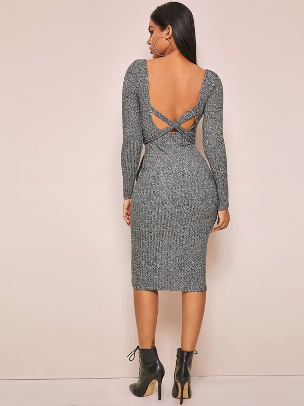 

Crisscross Backless Rib-knit Sweater Dress, Grey, Tina
