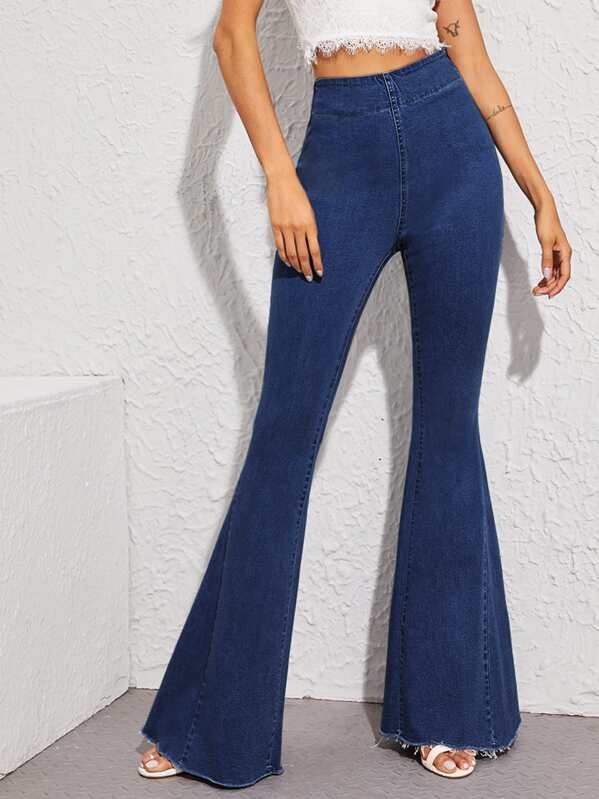 

High Waist Raw Hem Flare Leg Jeans, Navy, Andy