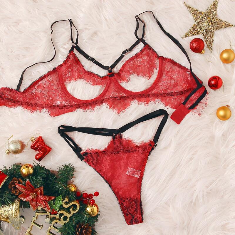 

Floral Lace Underwire Lingerie Set, Red