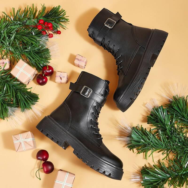 

Buckle Strap Lug Sole Combat Boots, Black