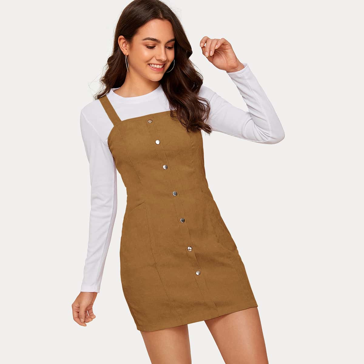 

Button Front Pocket Side Corduroy Pinafore Dress, Camel
