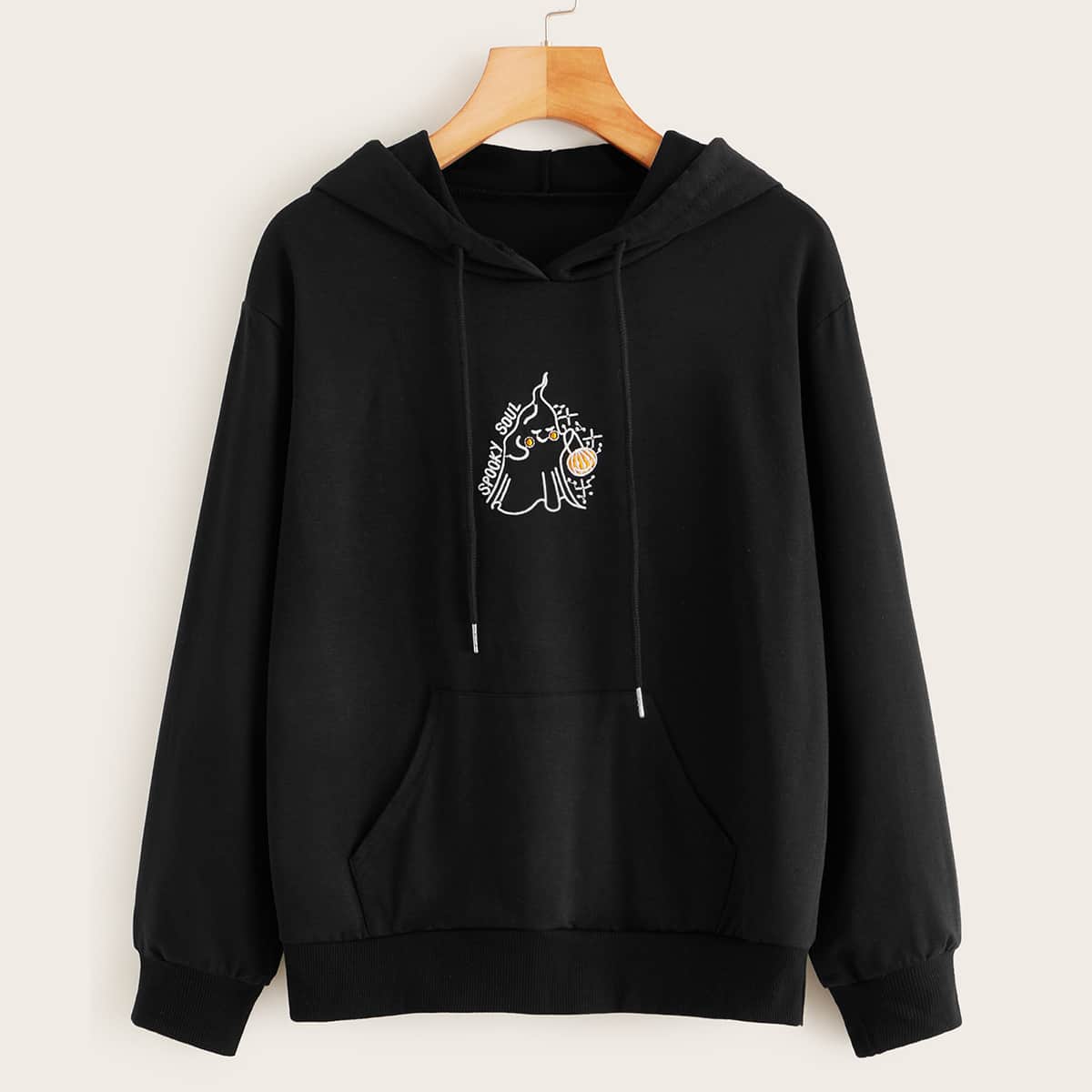 

Letter Embroidered Kangaroo Pocket Hoodie, Black