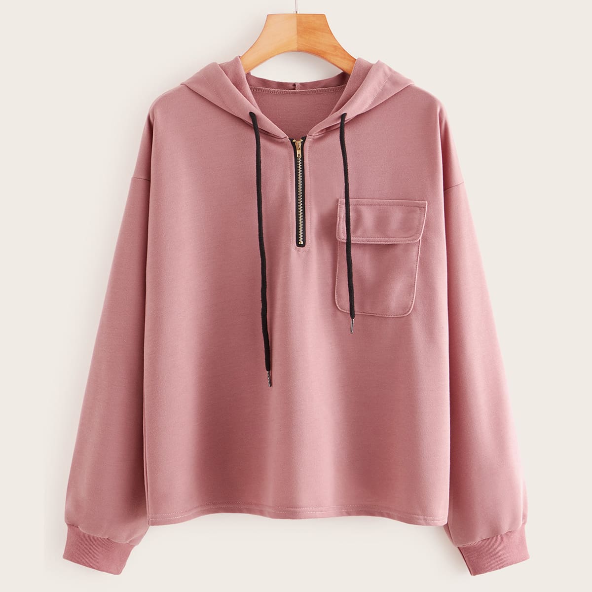 

Half Zip Drop Shoulder Hoodie, Pink