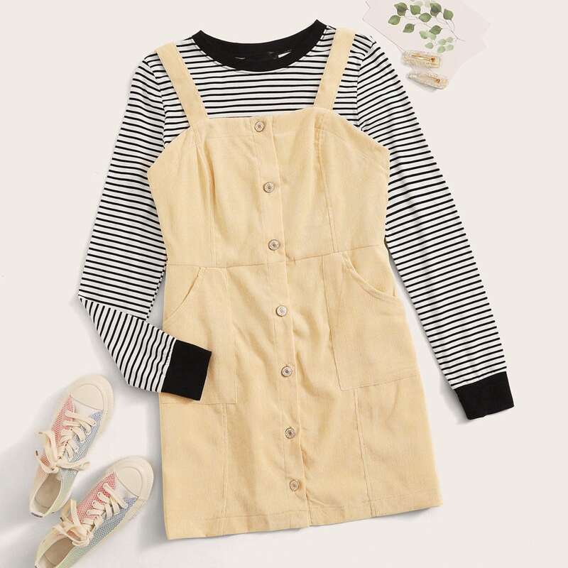 

Solid Button Front Corduroy Overall Dress, Beige