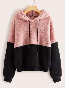 SHEIN Capucha teddy de color combinado con diseño de cordón - Multicolor - Ver 1
