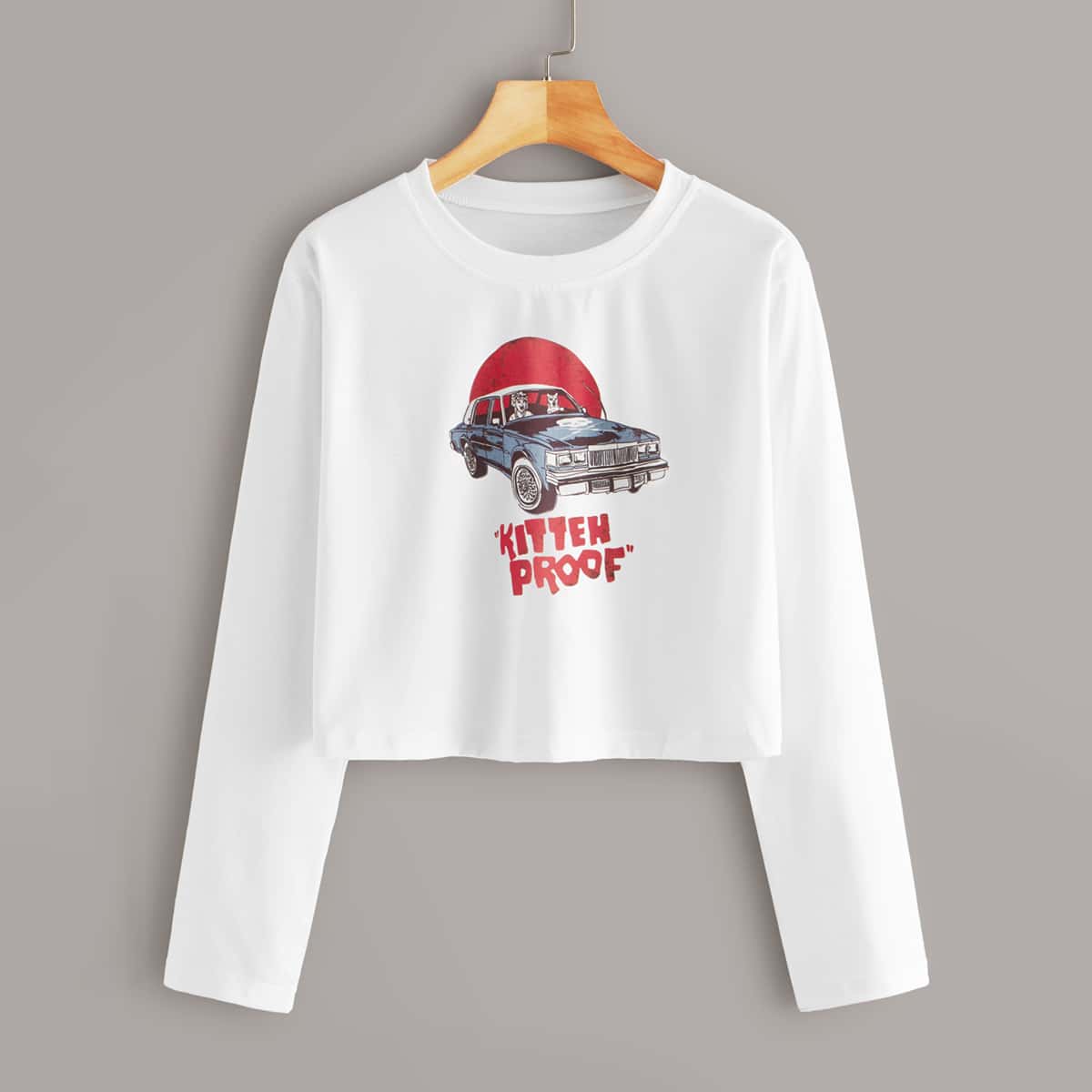 

Car & Letter Graphic Long Sleeve Crop Tee, White