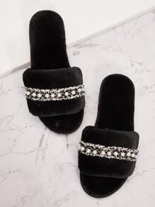 fluffy slippers zwart